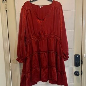 Maurice’s Plus Size Red Satin Feel Babydoll Dress 3X Long Sleeve Tiered